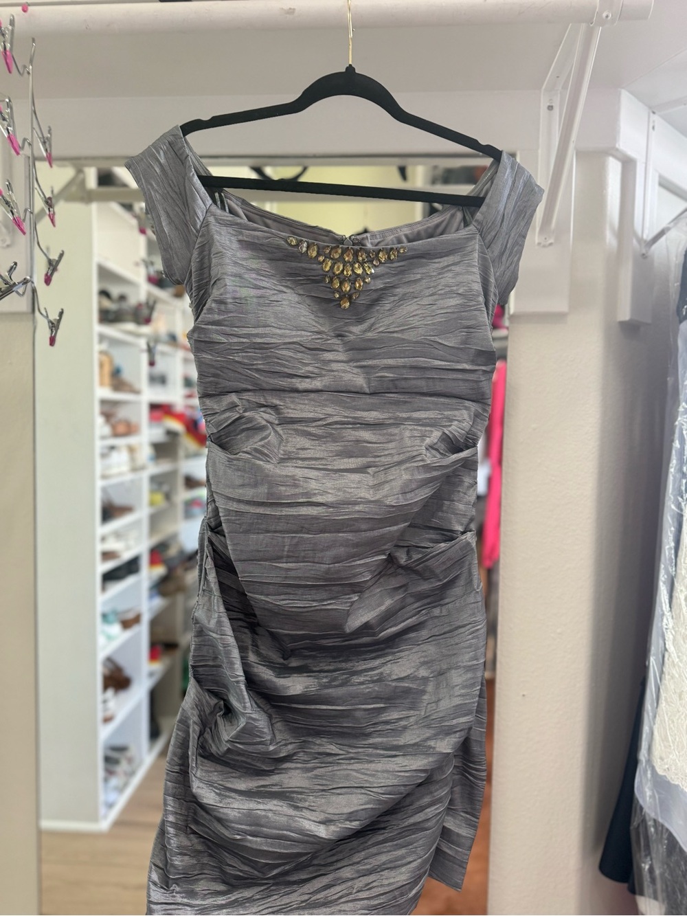 Alex Evenings Silver-Gray Ruched Cocktail Dress with Jewel Detail